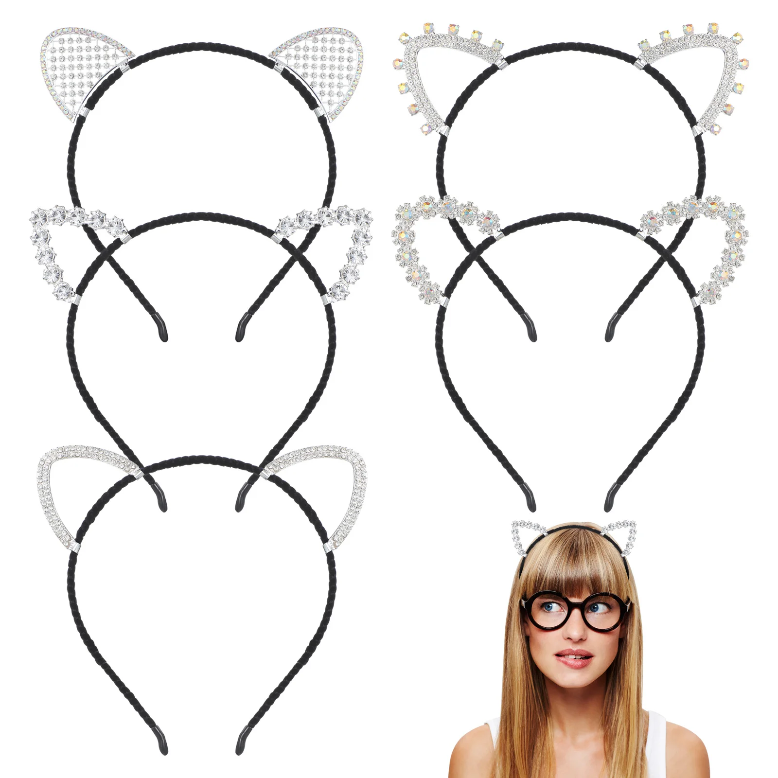 

5Pcs Cat Ears Rhinestone Headband Hair Hoop Cute Fashion Headwear Perfect for Party Birthday Halloween Christmas Celebration