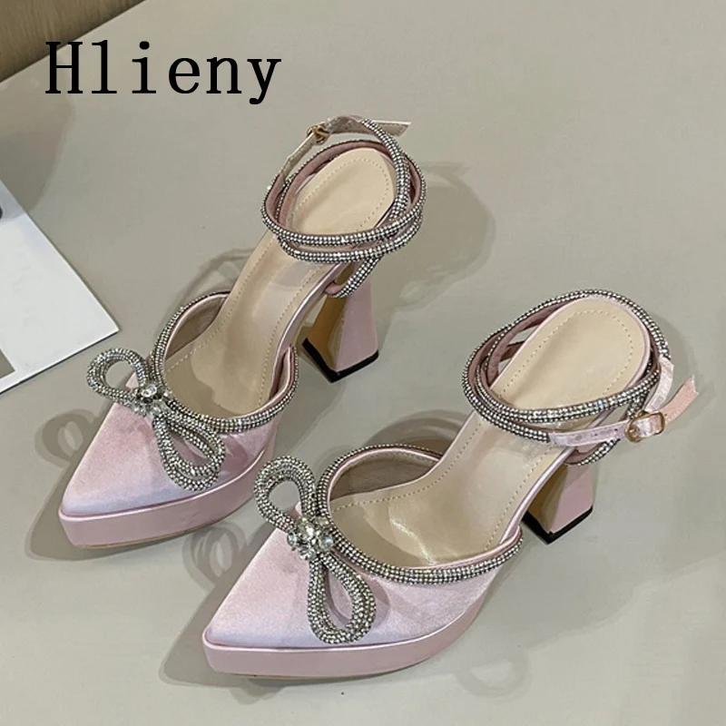 Hlieny 2024 Spring Autumn Women Pumps Fashion Platform Pointed Toe Butterfly-Knot Crystal Party Shoes Ankle Buckle Strap Sandals