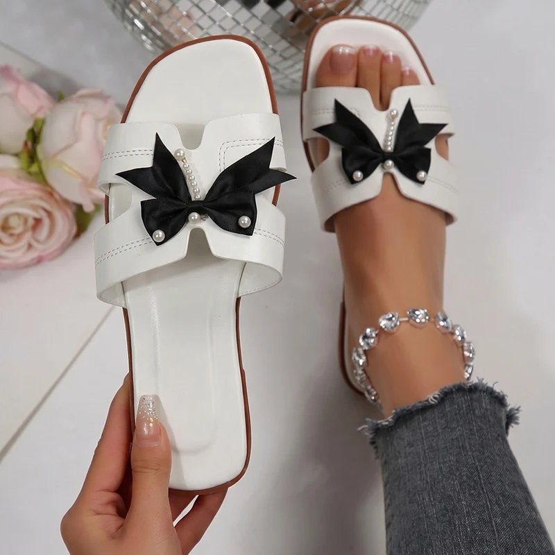 Elegant Ladies Bow Tie Flat Heel Sandals Summer Beaded Square Toe Non Slip Slippers Woman Black Patent Pu Leather Shoes Footwear