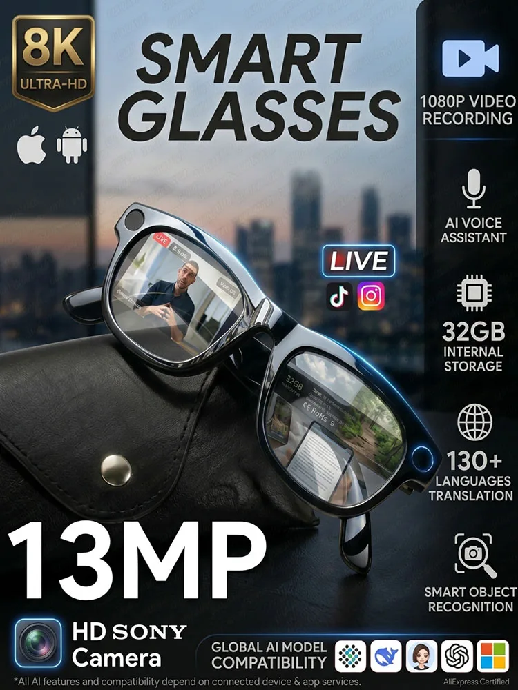 Neue Video-Live-Streaming-Smart-Brille für Herren, 1300W Pixel-Kamera, 130+ Sprachübersetzung, 32GB, Anruf- und Musikplayer, KI-Brille für Damen