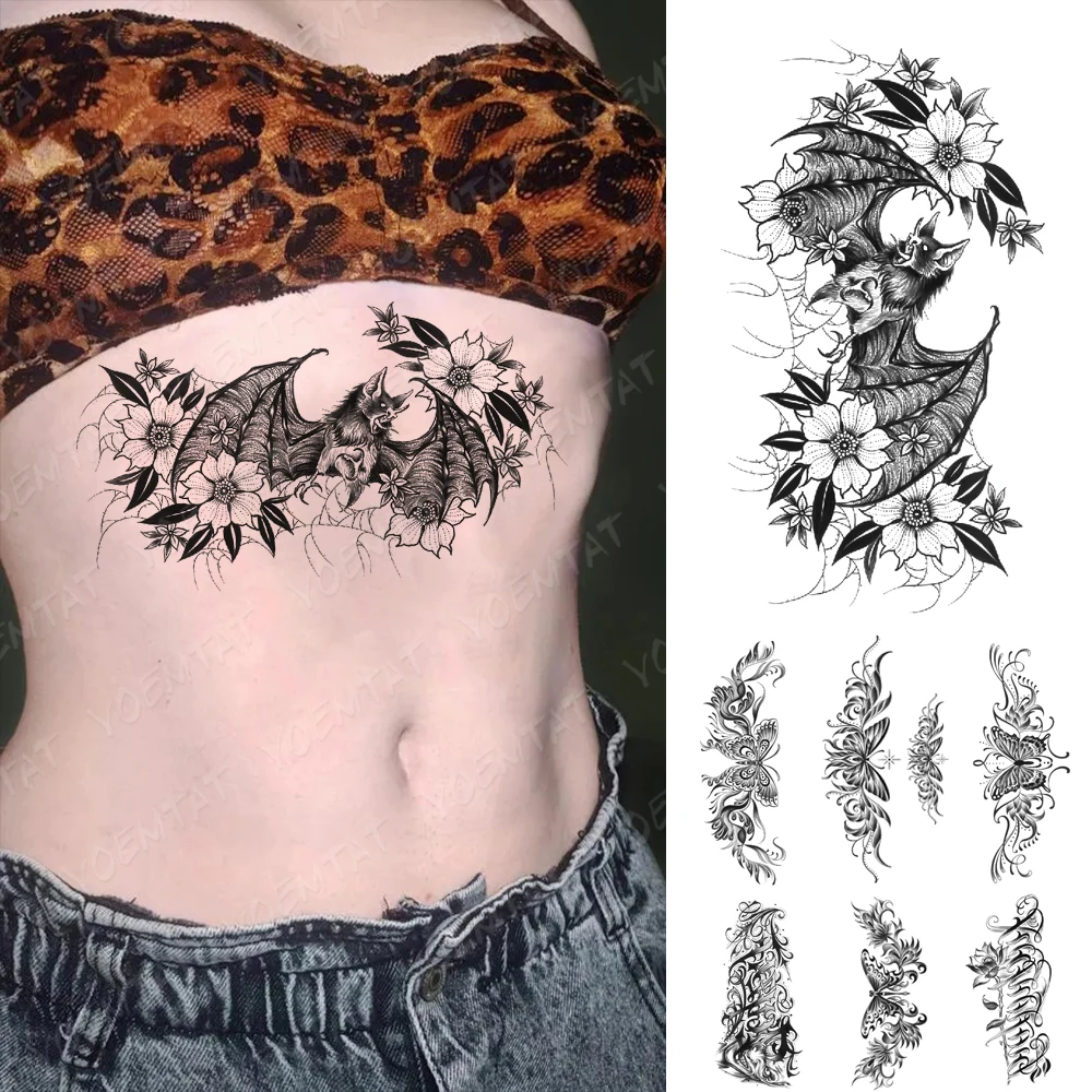 

Waterproof Temporary Tattoo Sticker Bat Wolf Snake Cobweb Butterfly Flower Festival Tatoo Arm Body Art Women Men Fake Tattoos