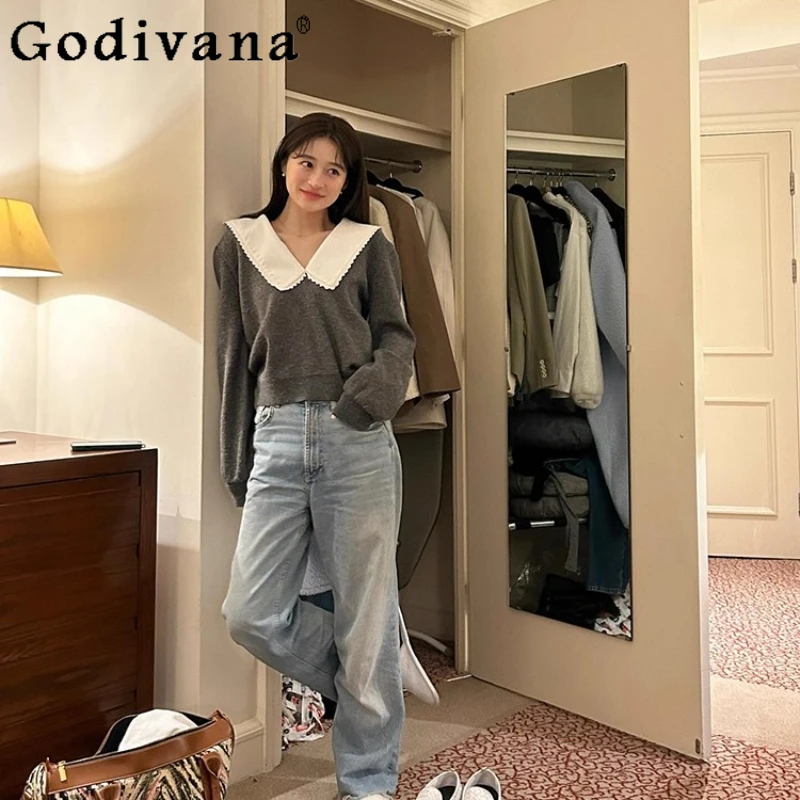 

2025 Japanese Women's Sweet Detachable Collar Knit Pullover Spring Autumn New Lady Daily Fashion Loose Knitted Tops Sweater