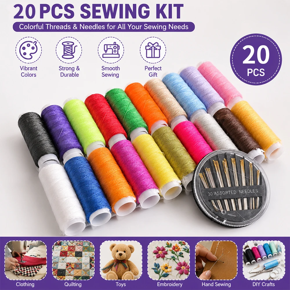 20 Farben Polyester-Nähgarn-Set mit 30 Sortierten Handnähnadeln
