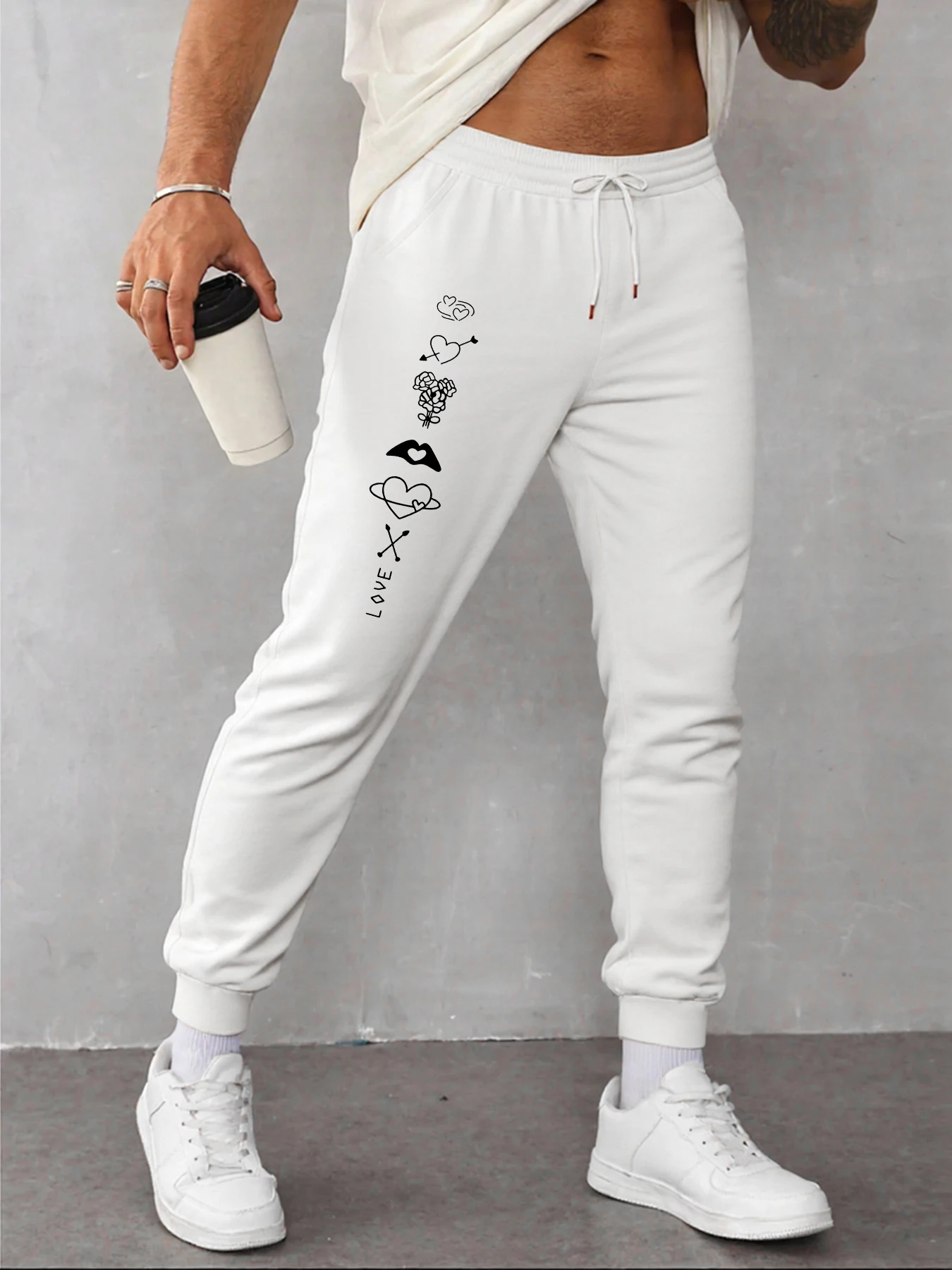 

Creative Flowers And Loves Print Man Sweatpants Fleece Comfortable Joggers Pants Drawstring Pocket Clothes Hip Hop Mens Pant