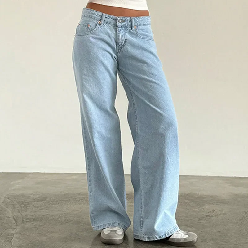 Women Jeans Low Waist Zipper Button Solid Color Trousers with Pockets for Daily Streetwear