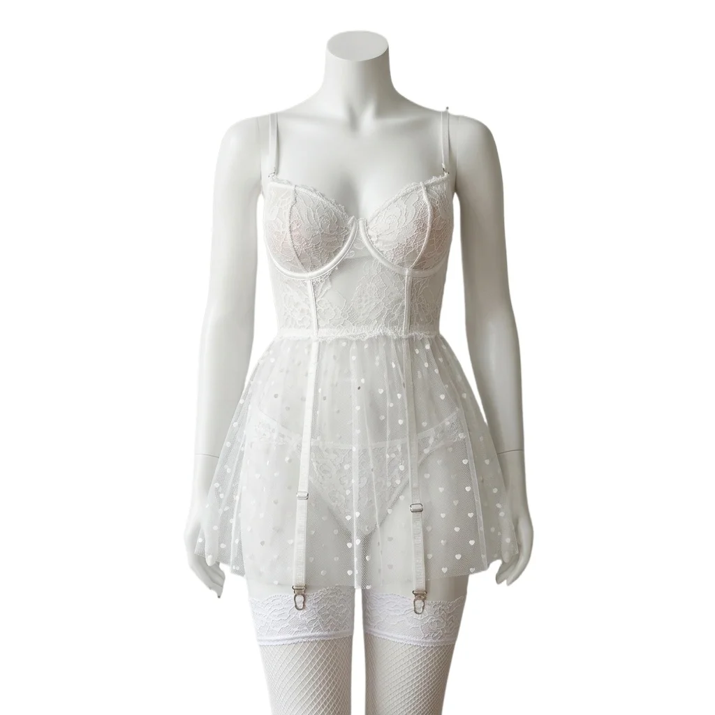 White Lace Mesh Transparent Lingerie Dress Women Underwear Babydoll Dresses Bra Thongs Garter Sets