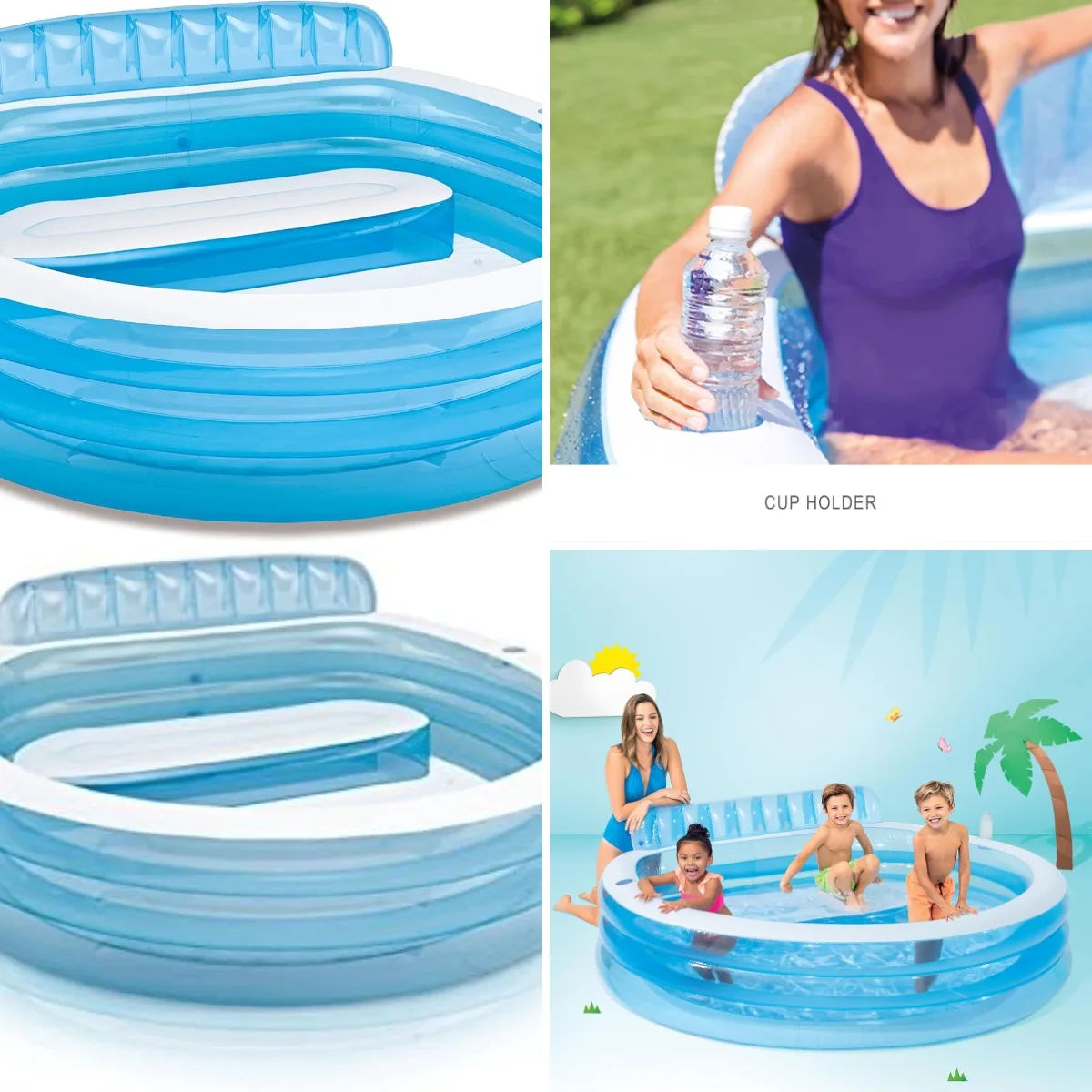 

Swim Center Inflatable Family Lounge Pool: Built-In Bench – Cup Holder – 156 Gallon Capacity – 90' x 86' x 31' – Blue