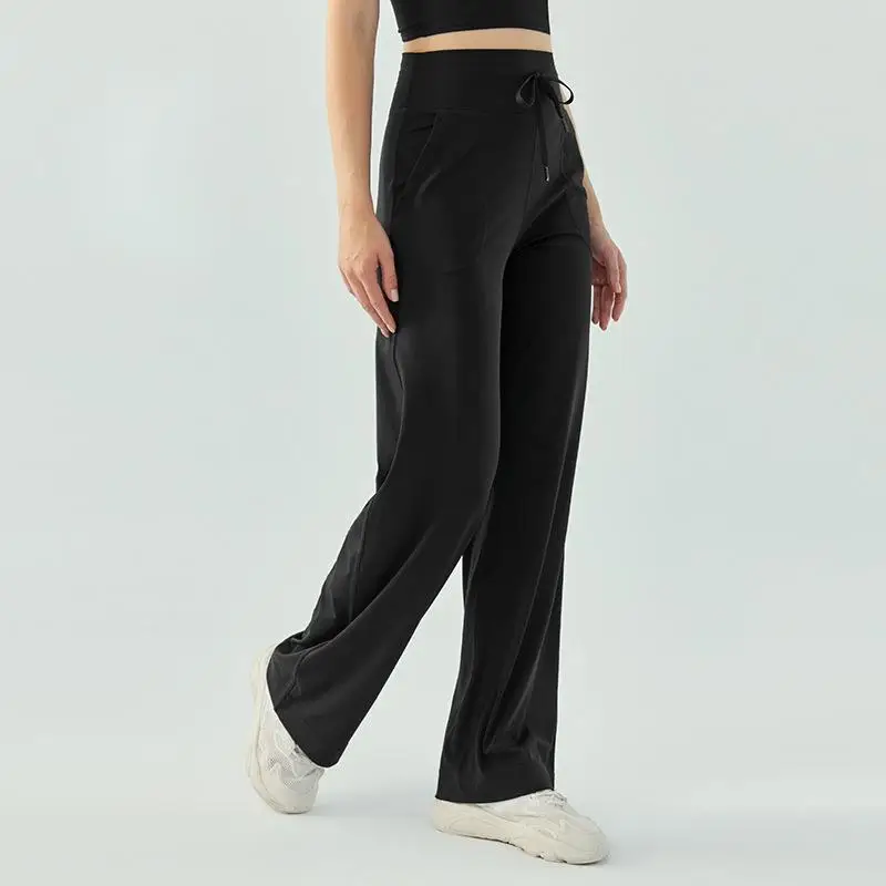 Women\'s High Waist Drawstring Yoga Pants Loose Wide Leg Solid Color Fitness Running Sports Trousers for Autumn