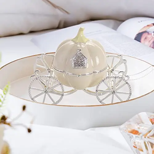 

Enameled Handcrafted Pumpkin Carriage Jewelry Box With Hinged Lid And Crystal Wheels For Decorative Storage