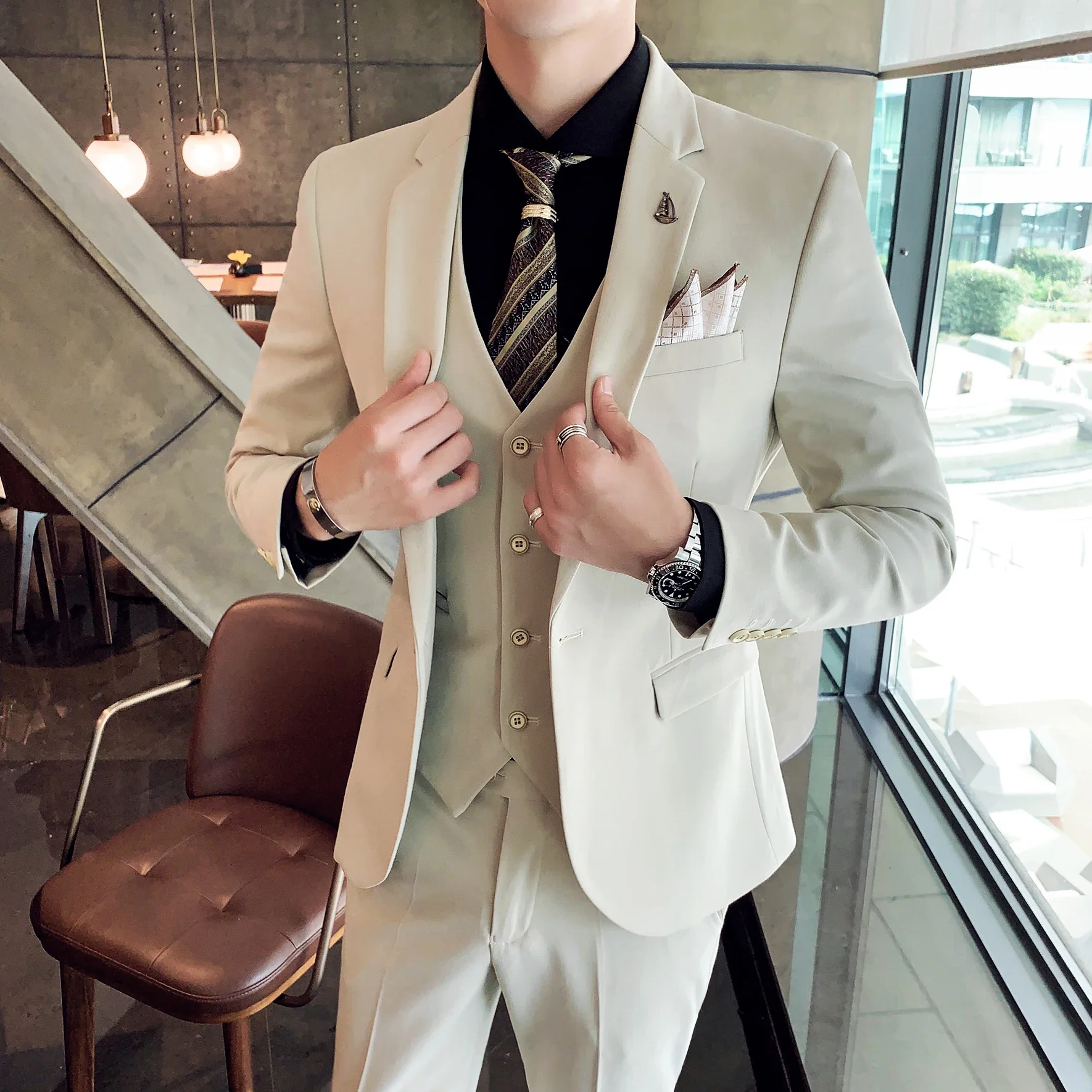 

Stylish Handsome Trend Solid Color Casual Business Vest Trousers Ensemble Men's M-4XL Wedding Suit 3-Piece Set