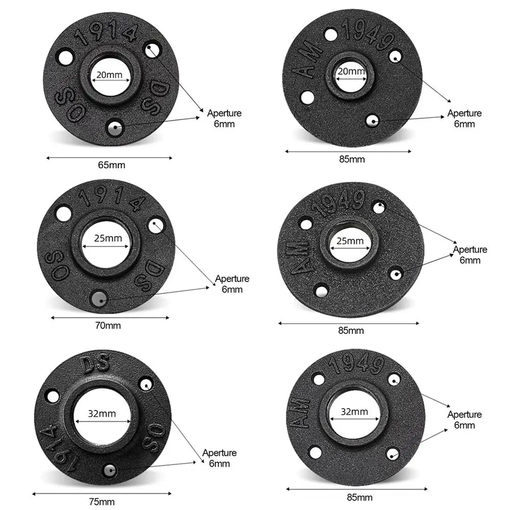 شفة أرضية مطلية جديدة باللون الأسود على الطراز الصناعي العتيق شفة أنابيب حديد مع لوحة شفة بفتحة ملولبة للمنزل