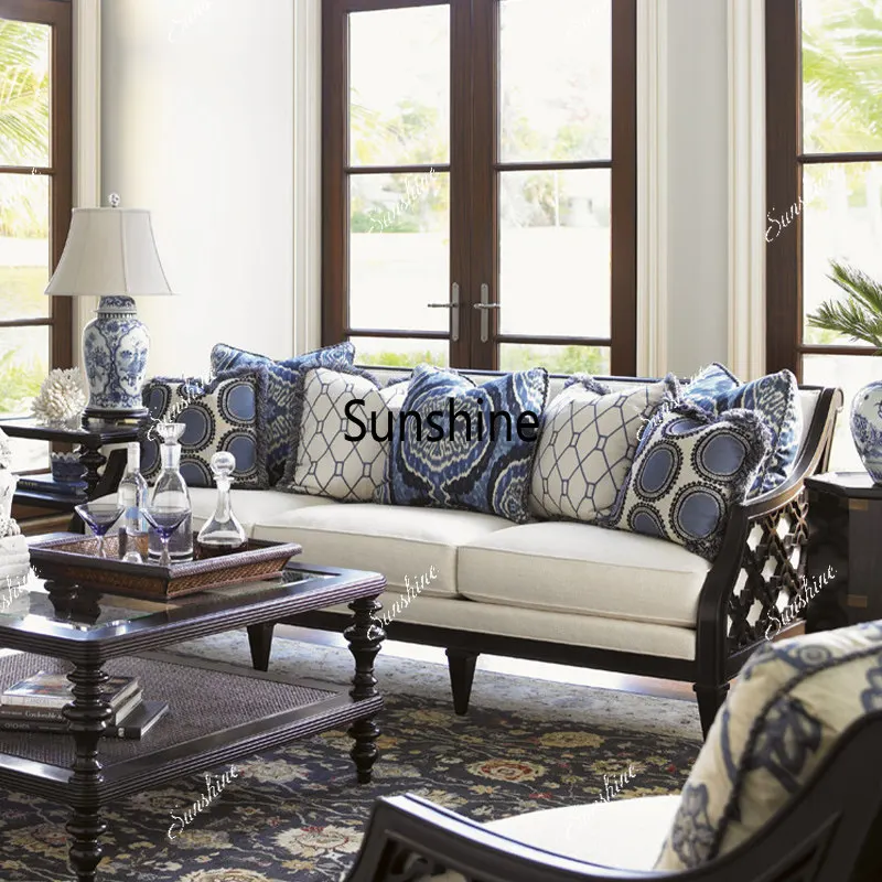 

American solid wood sofa villa living room straight row Nordic modern simple home