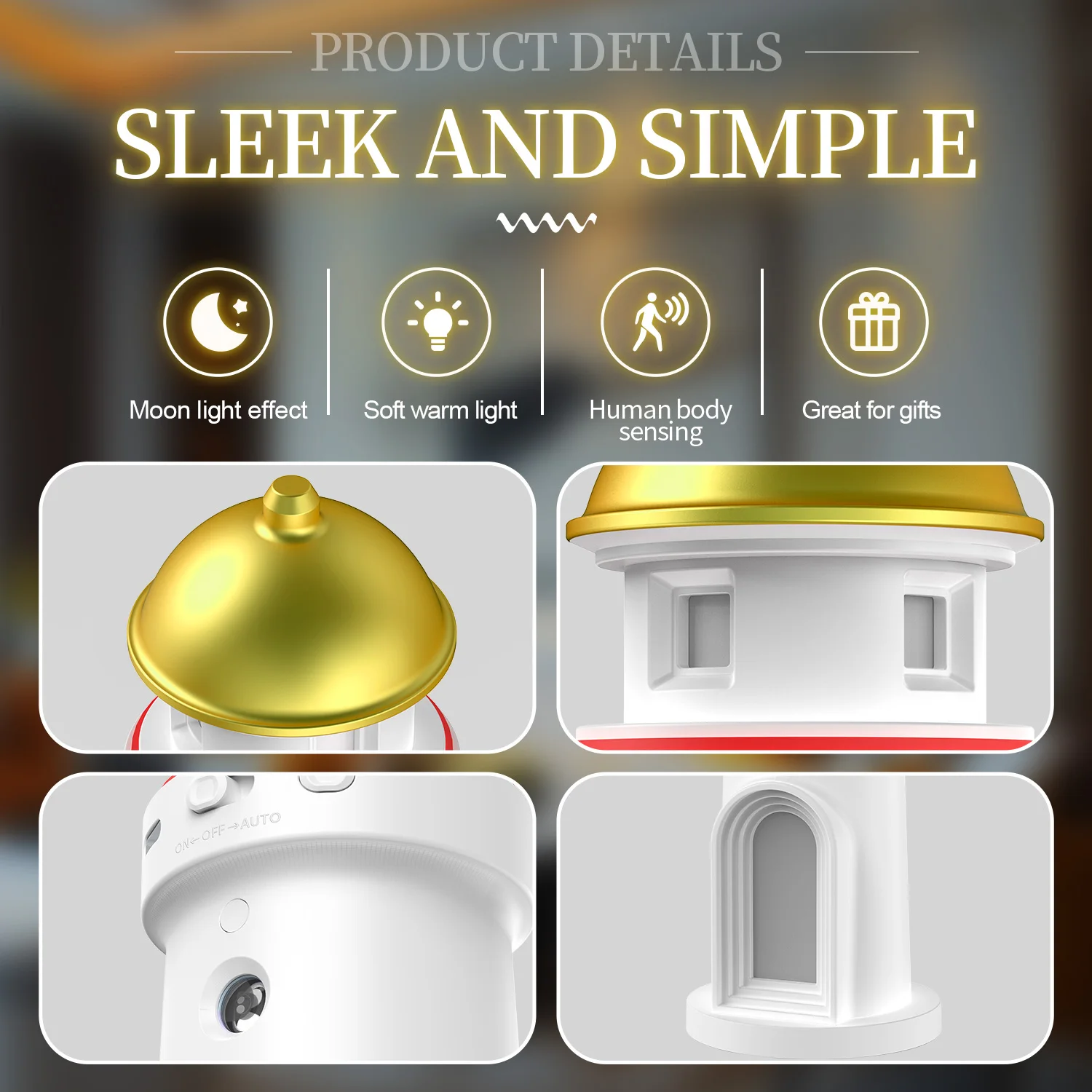 Moon Lighthouse Projector Dimmable LED Novelty Lamp with Motion Sensor USB Charging Ambient Lamp for Bedroom Decor Birthday Gift