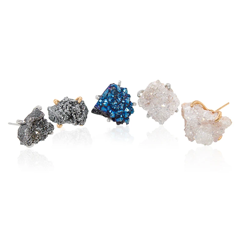 Irregular Druzy Crystal Quartz Stud Earrings for Women Natural Stone Healing Crystal Fashion Ear Jewellery