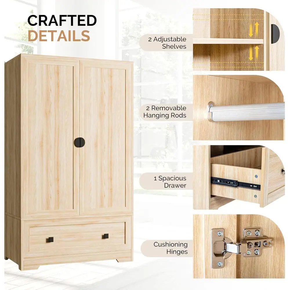 خزانة ملابس واقفة من خشب البلوط مع قضيب تعليق وأرفف وأدراج - 38 وات × 21 عمق × 65 ارتفاع لغرفة النوم أو النوم