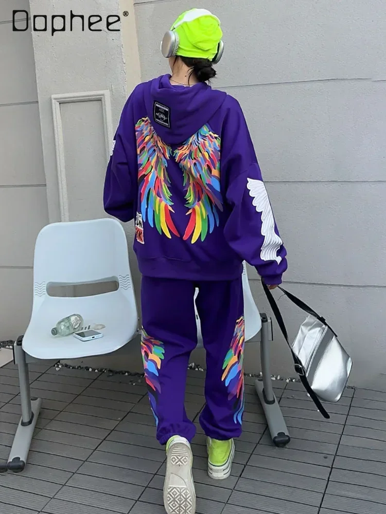 

Fashion Wings Print Sweatshirt and Sweatpants Two-piece Set Women Outfits 2024 Spring Autumn Casual Oversized Sports Suit