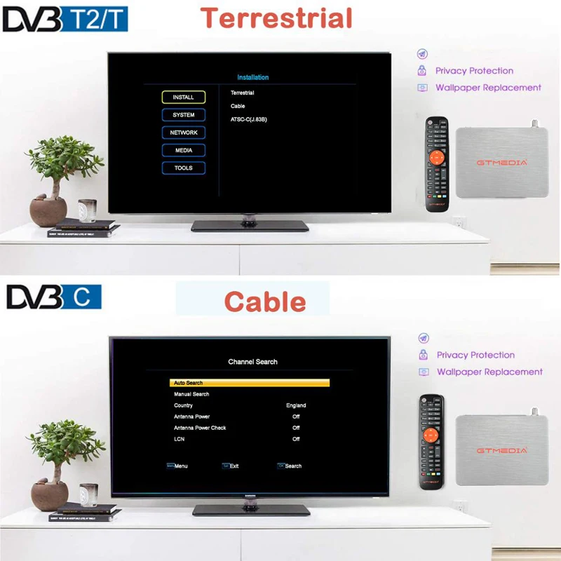 Gtmedia-アンテナ付き衛星テレビ受信機、地上、ケーブルデコーダー、チューナー、USB、wifi、tdt、DVB-T2、h.265、hevc、10bit、v7 tt