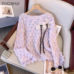 DUOJIHUI Classic O-neck Soft Knitting Sweater Women Pullovers Autumn Chic Floral Contrast Color Fashion Simple Female Pullovers