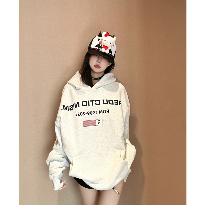 White Gray Womens Clothing Vintage Street Sweatshirt Y2K Letter Pattern Hoodie Pullover Long Sleeves Warm Oversize Ladies Tops