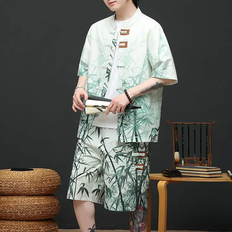 

Tang Suit Man Sets Shirts Chinese Style Nylon Print Cool 2 Piece Outfit Loose Two Set Korean 2025 Essential Shorts Suits for Men