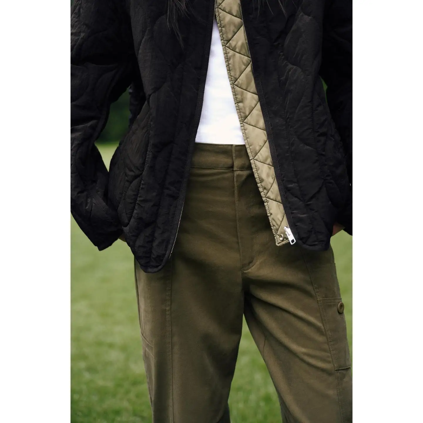 양면 착용 가능한 면 재킷 라운드 넥 긴 소매 패치워크 원단 초가을 스트리트 스타일 루즈핏 지퍼 클로저