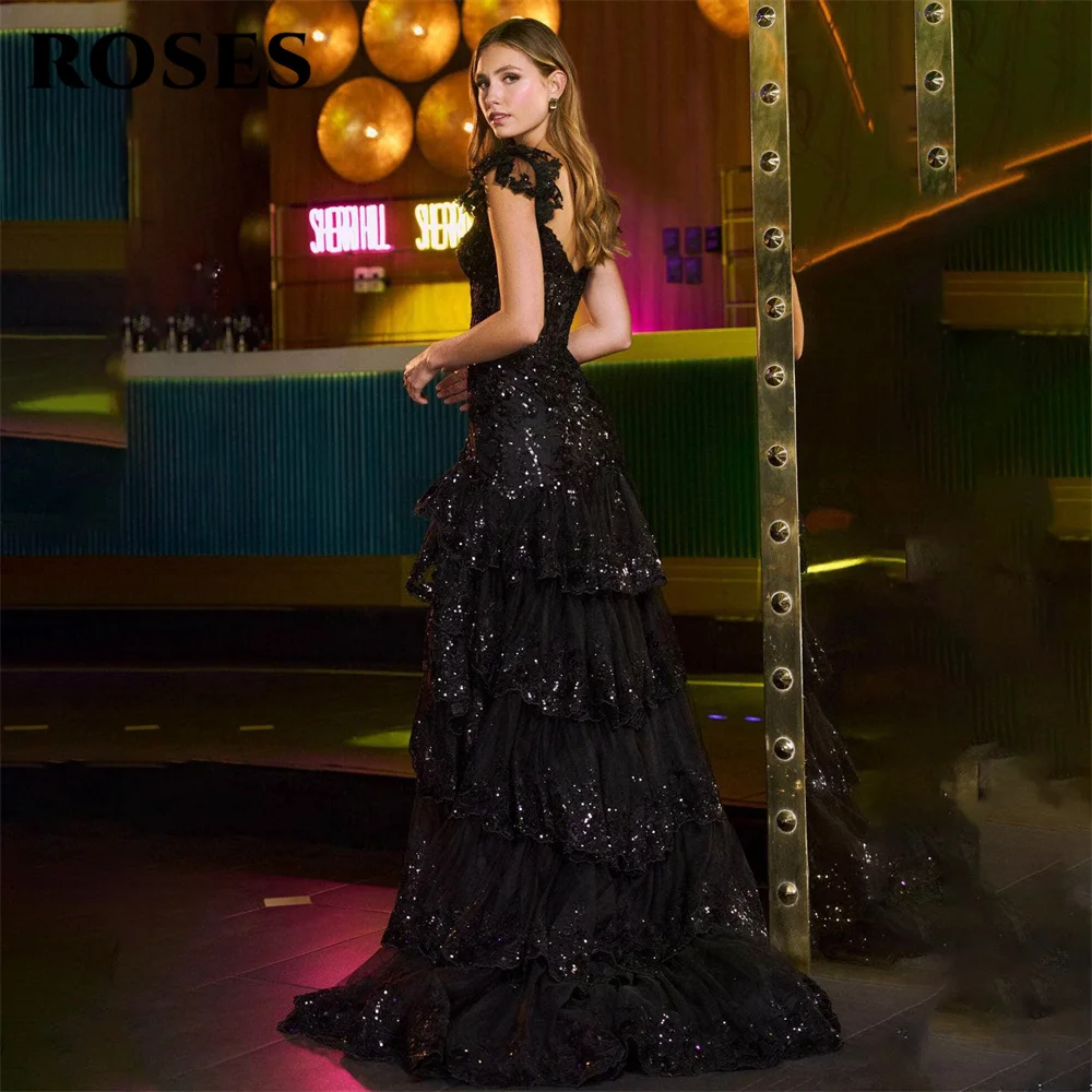 ROSES Black Beach Prom Dress Cap Sleeve Party Dress Tiered Layer  Celebrity Gowns Side Split Wedding Party Dress вечерние платья