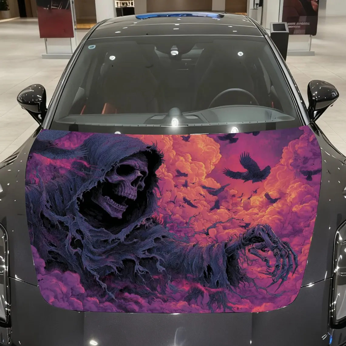 Crow And Black Robe Death Reaper Car Hood Stickers, Fashion Modified Car Decorative Film Paper, Self-adhesive Wear-resistant Sti