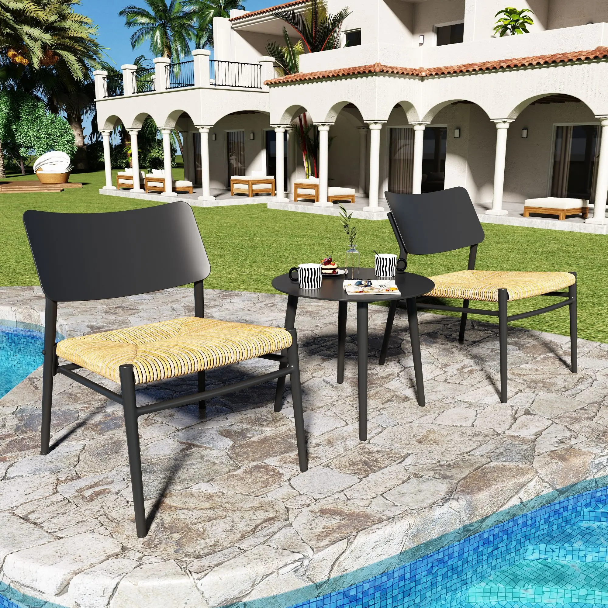 Bistro set 3 pieces aluminum balcony furniture set PE rattan 150 kg load bearing capacity for courtyards gardens and balconies Black