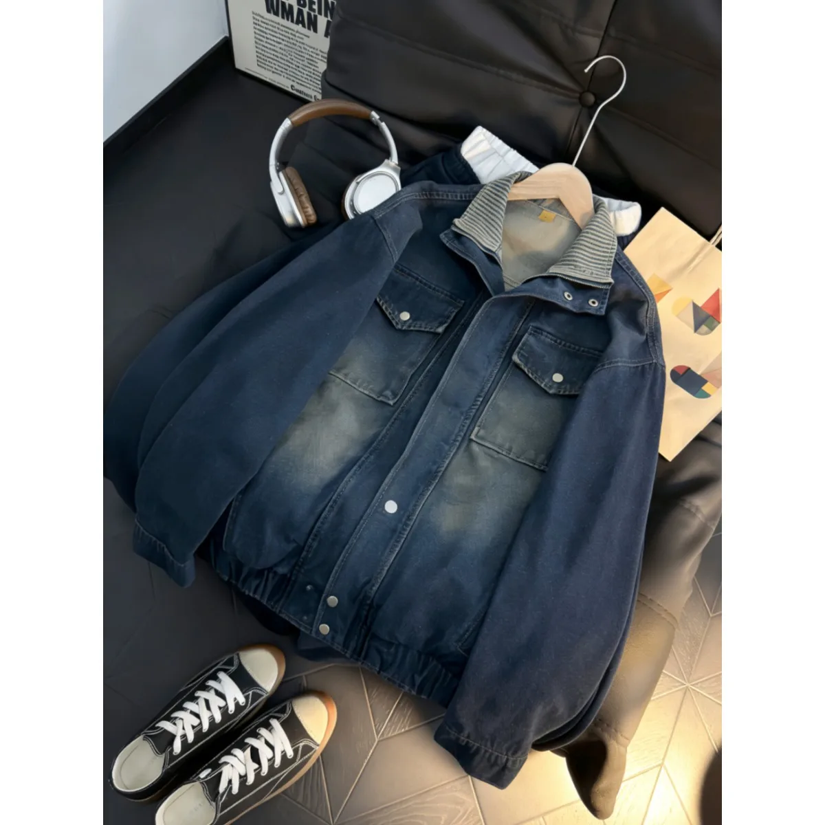 Retro American Washed Denim Jacket Men's Coat Spring Heavy Sense of Design Fake Two-Piece Jeans Outerwear Standard Fit