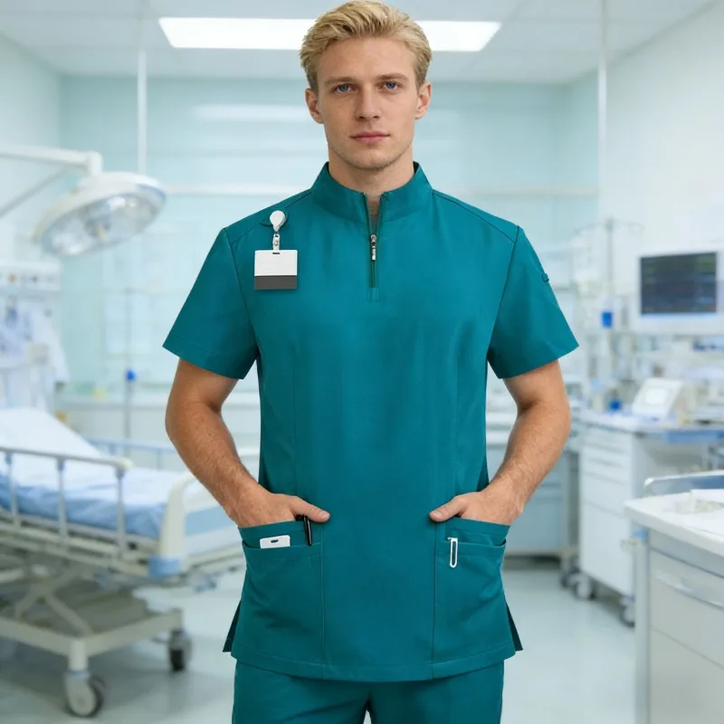 Neutrale medizinische Arbeitskleidung mit Stehkragen und Reißverschluss, Arbeitskleidung für Ärzte und Krankenschwestern, Operationskleidung für den Operationssaal