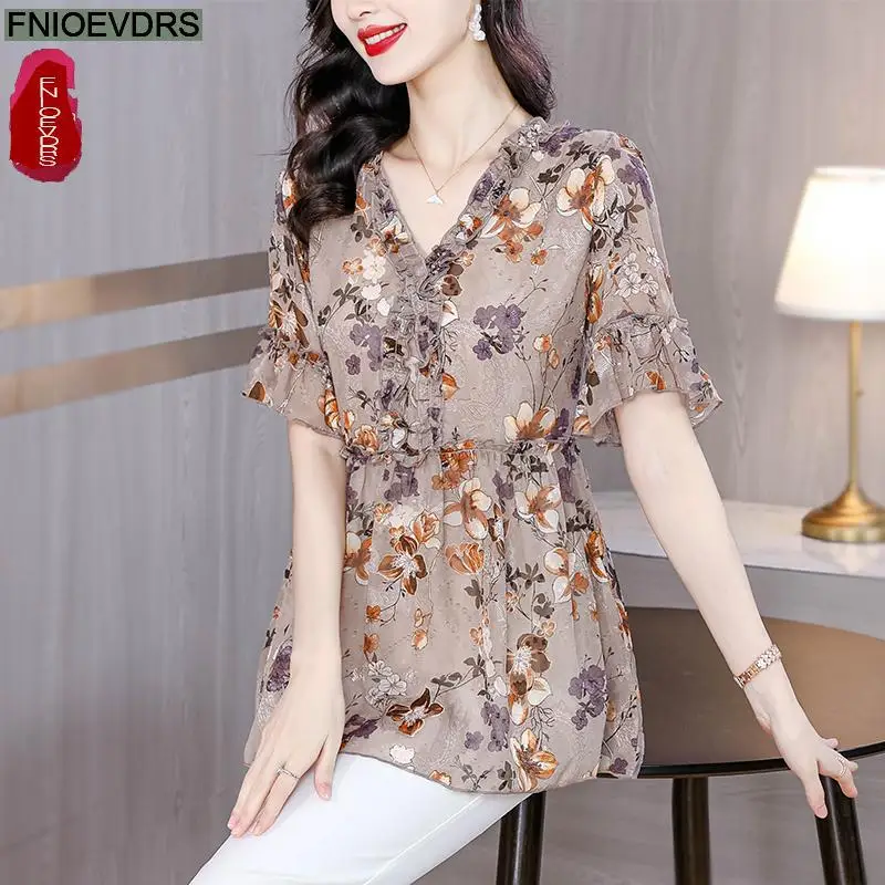 M-3XL Loose Clothes 2024 Women European Fashion Elegant Flower Print Floral Bow Tie Casual Tunic Belly Peplum Tops And Blouses