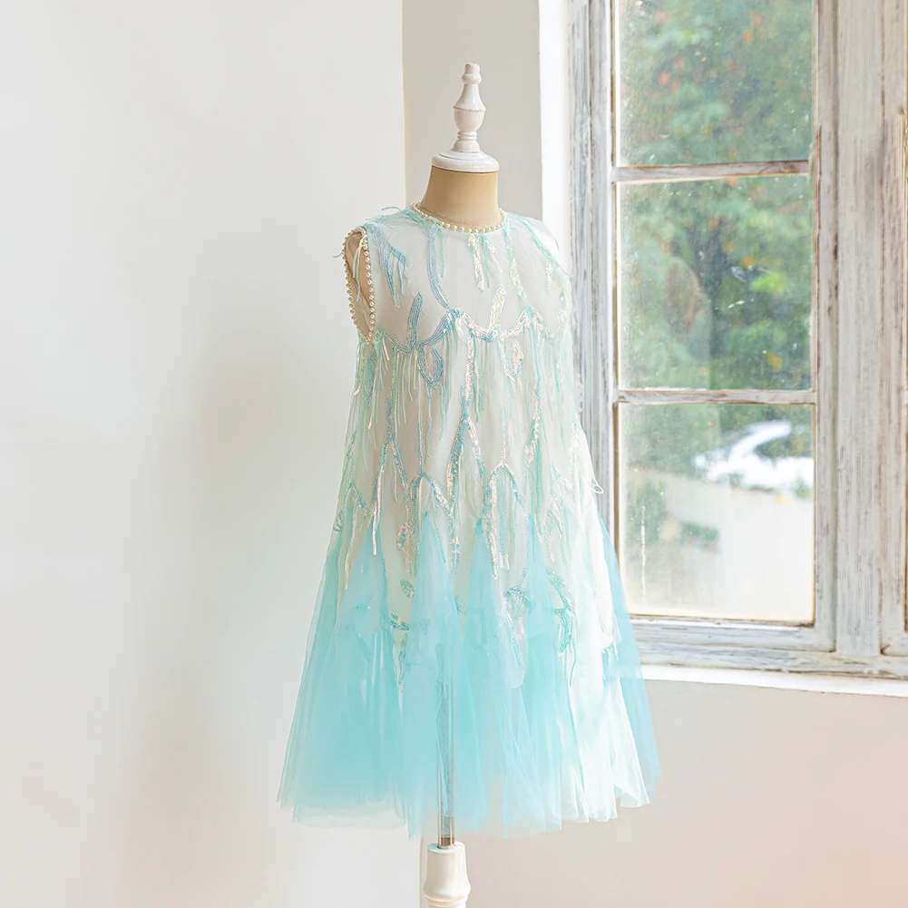 blue summer sleeveless sweet girl\'s dress, beautiful bead decoration neckline dress tassel sequined princess dress,