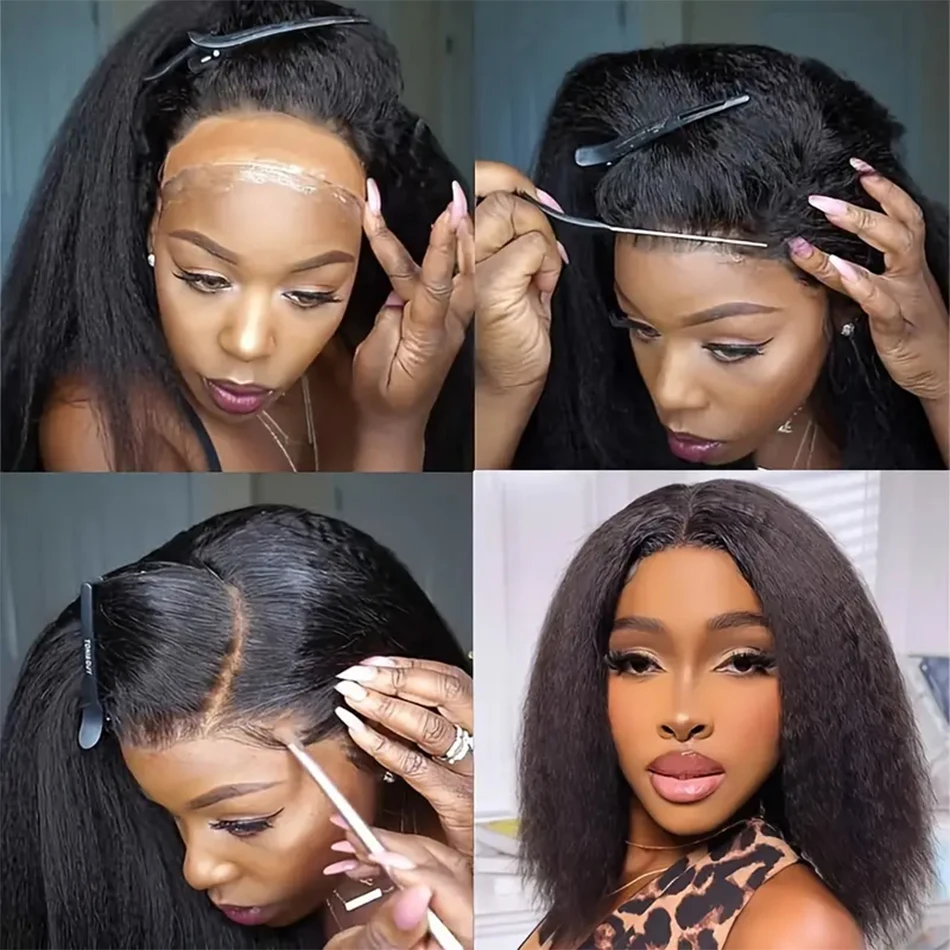 12A Kinky Straight Bob Wig Lace Front Human Hair Wigs For Women Transparent Full Lace Frontal Wig Glueless Wig Yaki Human Hair image 5