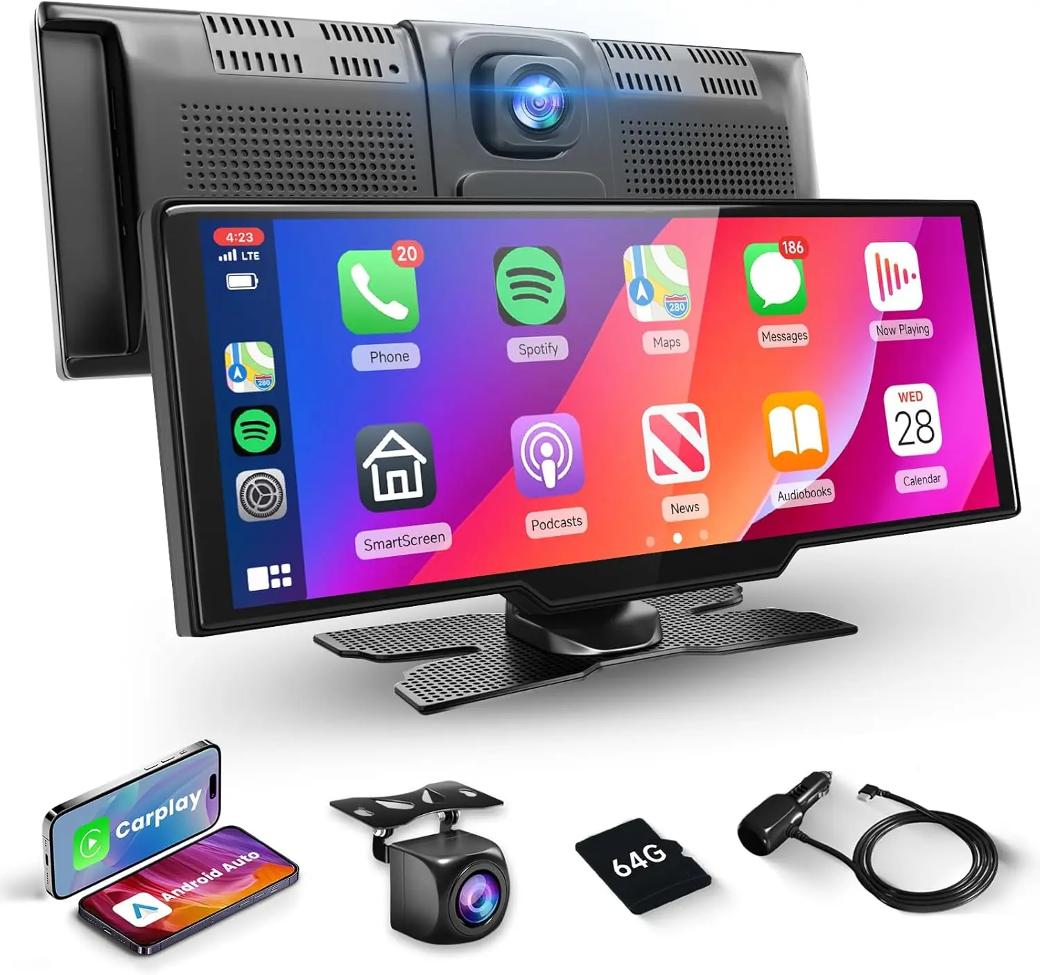 ستيريو سيارة CarPlay 9.3 بوصة HD IPS مع Android Auto، كاميرا داش 2.5K، كاميرا احتياطية 1080P، بطاقة TF سعة 64 جيجابايت، ملاحة، Dual Bl