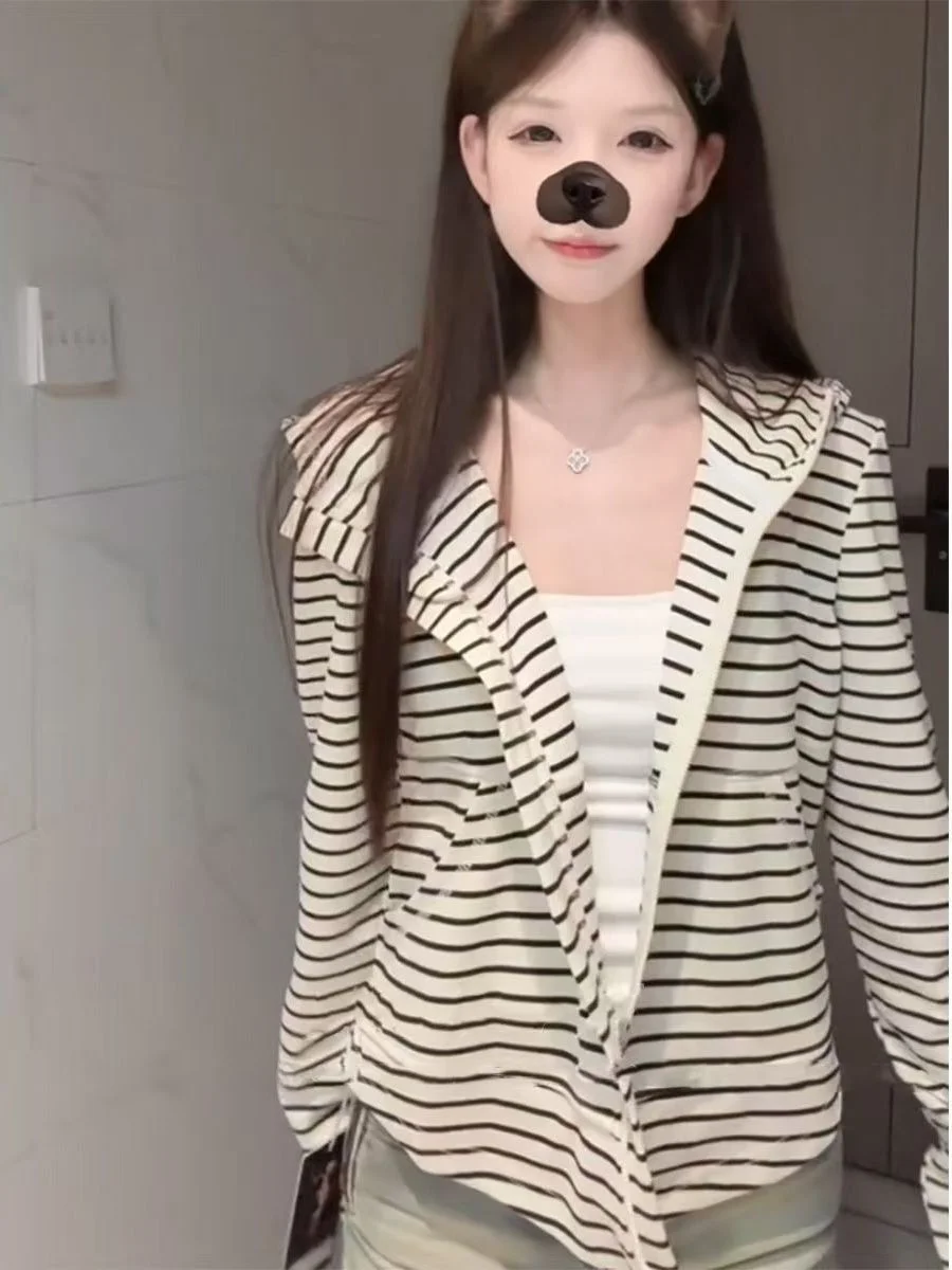 Sudadera con capucha holgada para mujer, ropa de abrigo larga a rayas, estilo coreano, sudadera informal holgada, capa exterior cómoda, invierno 2025