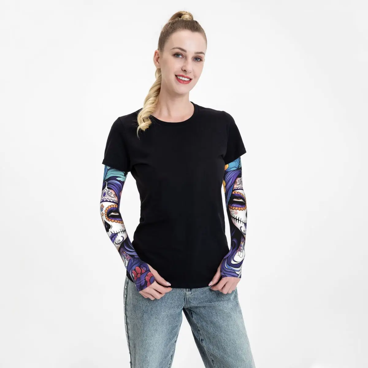 المكسيكي كاترينا فتاة يوم الموتى السكر الجمجمة في الهواء الطلق أكمام أذرع تبريد الشمس الأشعة فوق البنفسجية غطاء للحماية الجليد الحرير ركوب الدراجات أكمام الوشم #2