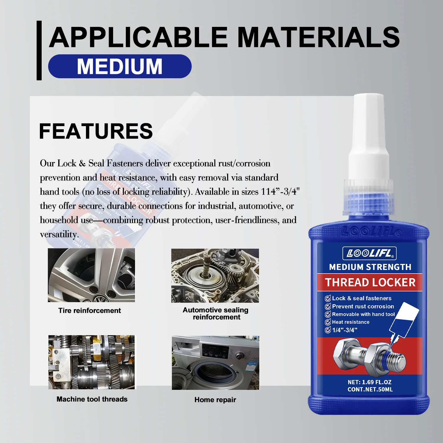 243 لاصق معدني بقفل خيط مناسب للبراغي والصواميل والمثبتات ومسامير متوسطة القوة - يمنع تخفيف وتآكل 50 جرام #4