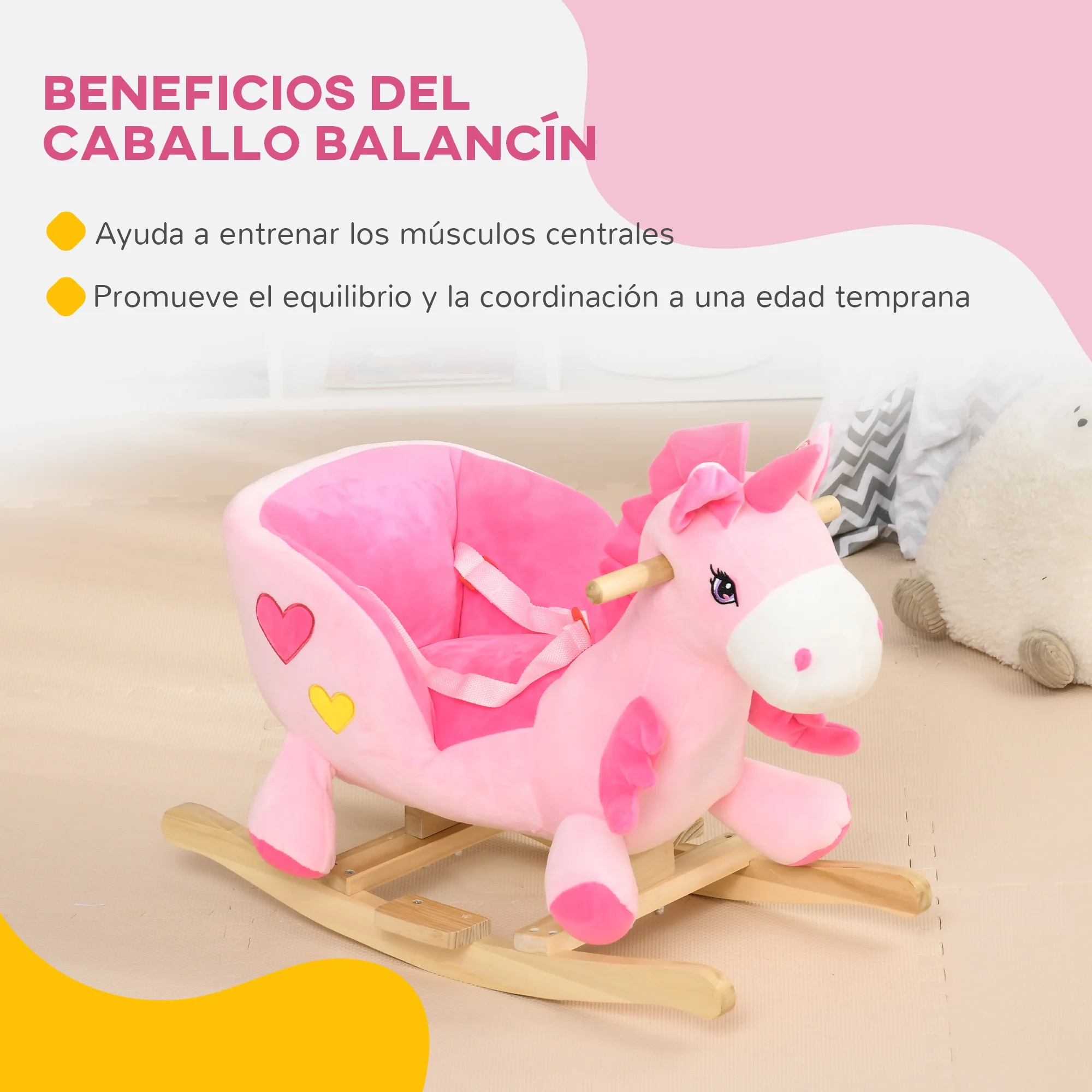 Imagen 7: HOMCOM Caballito Balancín para Bebés en Forma de Unicornio 65x35x45 cm Rosa