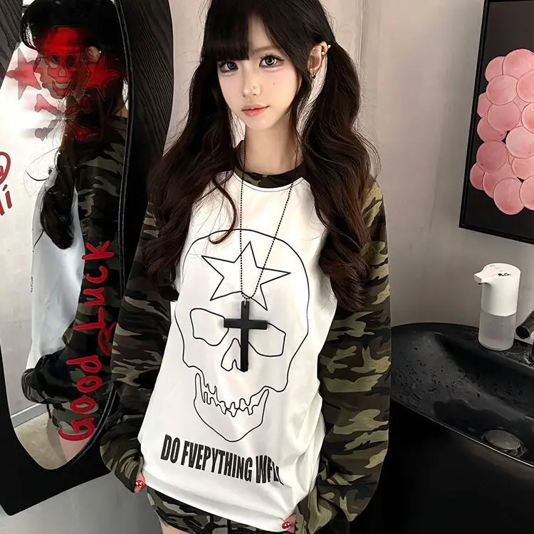 2026American Vintage Contrast Color Patchwork Long Sleevetshirt Camouflage Skull Print Punk Casual Trend Top Loose All-Match Tee
