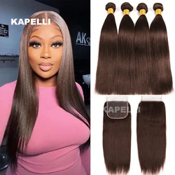 # 4 bruine bundels Echt haar Zijde Steil menselijk haarbundels met sluiting 4x4 kanten sluiting Braziliaanse transparante haarbundels