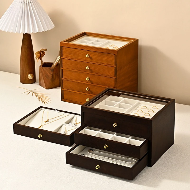 Wooden Jewelry Storage Box Large Capacity Jewelry Organizer Boxes Necklace Earrings Ring Display Case Multi-layer Trinket Box
