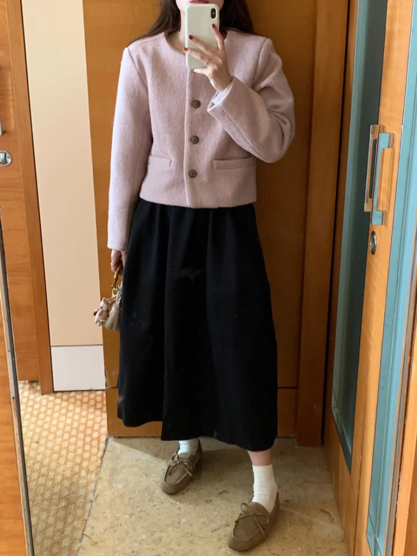 

Sweet Girl Blu~ Ele Tailored Wel Coat Single Button round Ne Lamb Patterned Outer Wear Spring Autumn Ladies Sweater