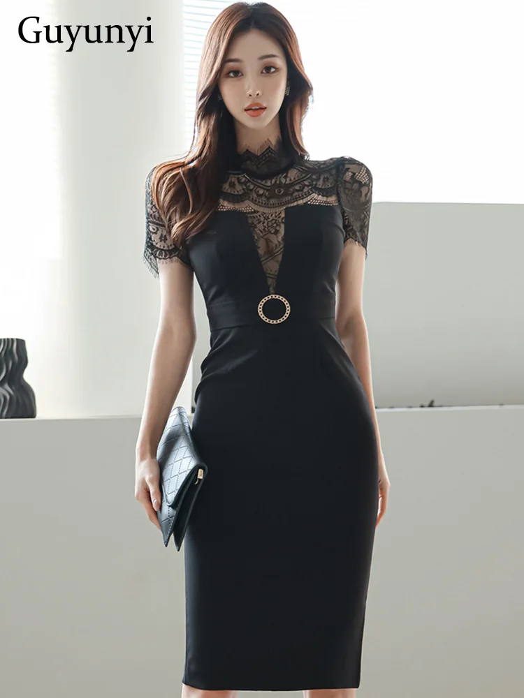 

Elegant Party Dress Summer Black Sexy Perspective Lace Stand Collar Temperament High Waist Line Sheath Office Lady Dress