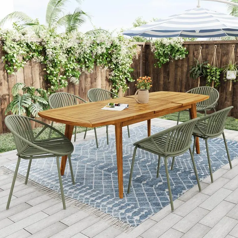 7-Pc Outdoor Modern Expandable Dining Set with Stackable Chairs - Green and Teak Finish