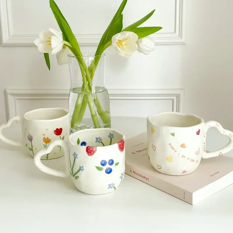 350ml Creative Ceramic Coffee Mug Ins Style Hand Painted Floral Hearts Hand Pinched Irregular Tea Milk Cup Breakfast Oatmeal Mug