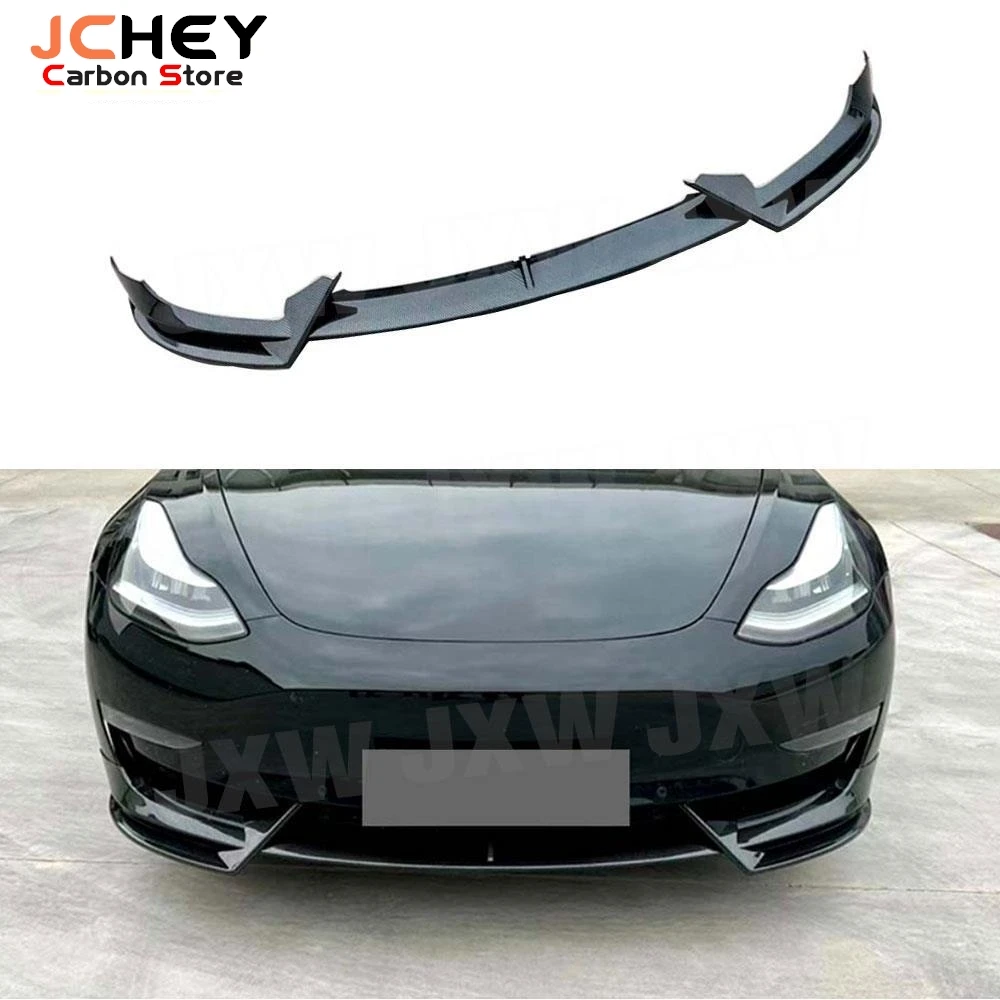

JCHEY 3Pcs/Set ABS Carbon Look Front Bumper Lip Spoiler Trim for Tesla Model 3 2017 + Gloss Black Car Bodykits