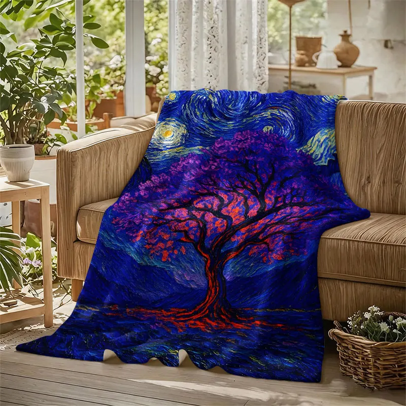 Starry Night Purple Van Gogh Flannel Blanket Perfect for Sofa Office Bed Travel Sleep Read Relax Camping Four Season Use