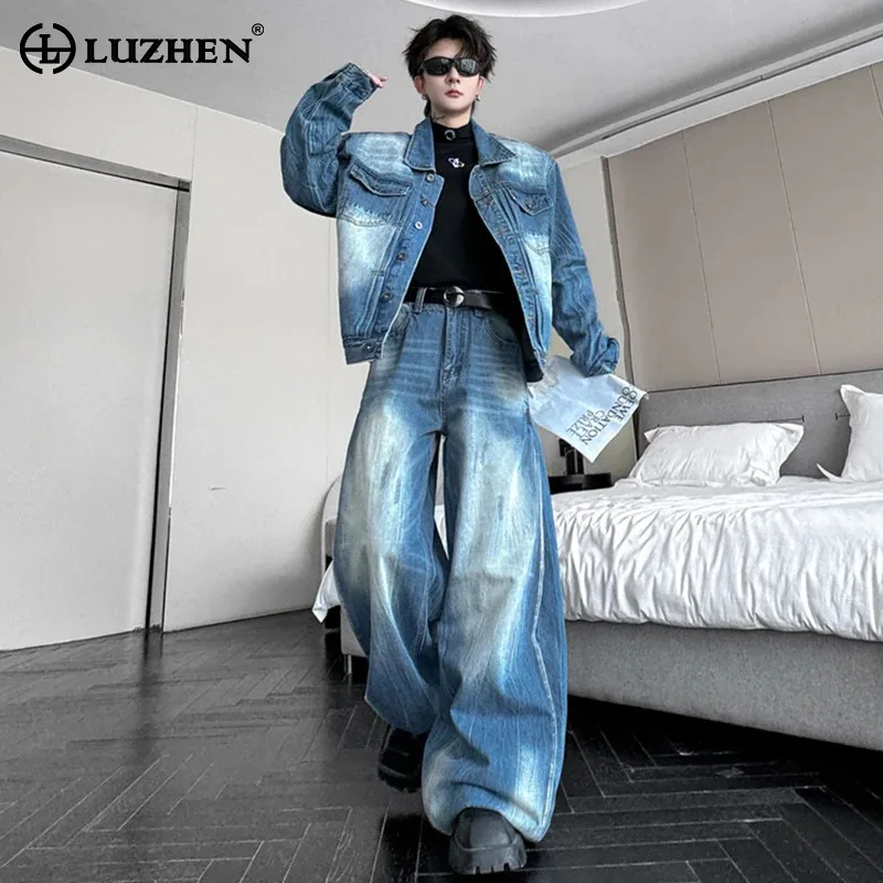 LUZHEN Casual Denim Jacket Sets Personalized Stylish Streetwear Washed Straight Jeans Two Piece High Quality Men Clothing LZ4908