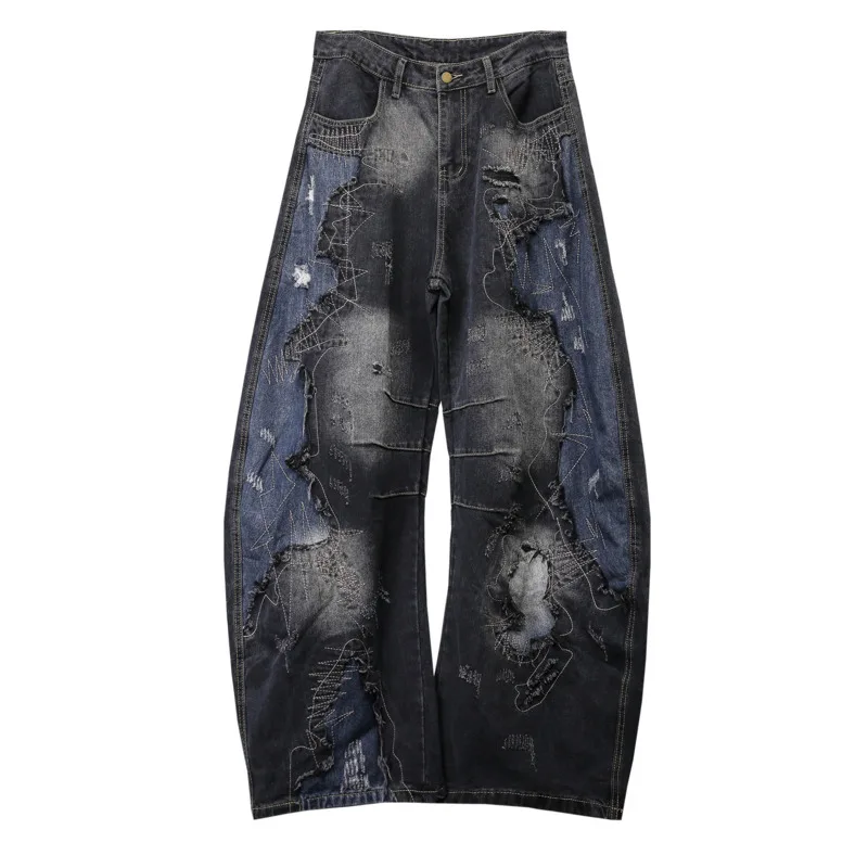 HKSH ربيع الخريف جديد الرجال الظلام نمط غسلها خمر المرقعة التطريز المتوترة حافة الجينز فضفاض واسعة الساق الدنيم السراويل HK13295