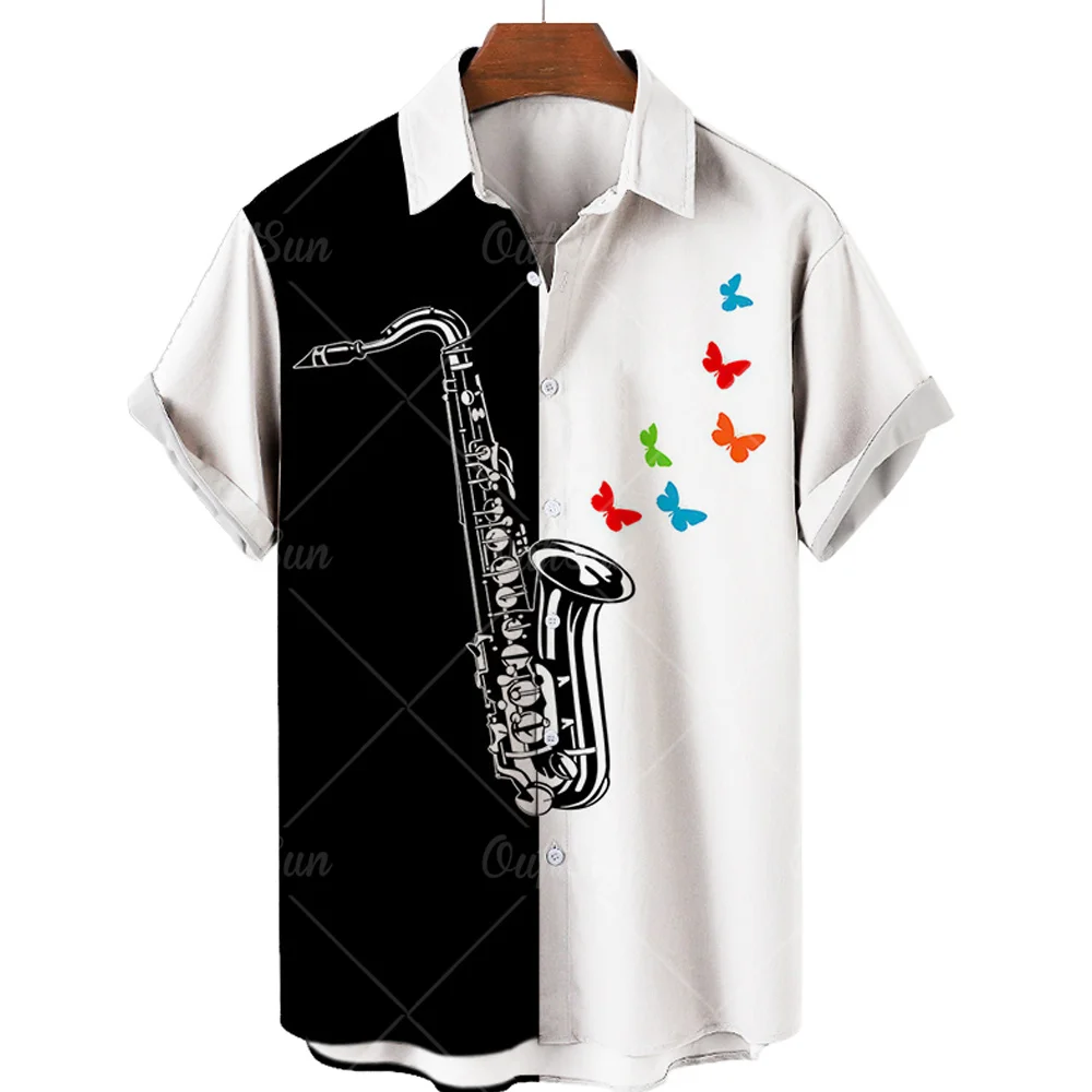 Camisa havaiana masculina com estampa de guitarra musical, blusa manga curta, festa na praia, hip hop, harajuku, tamanho grande